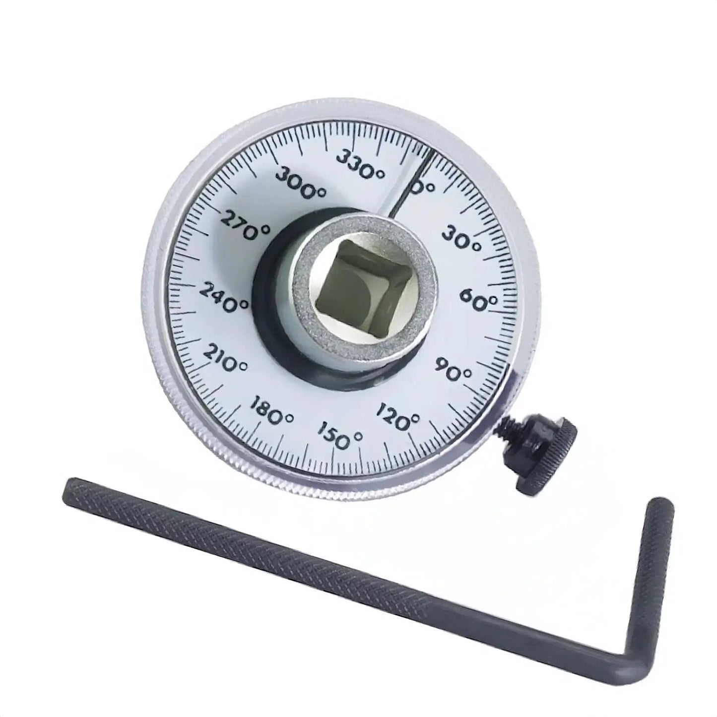 Precision Torque Angle Gauge With 360 Degree Rotation Scale, 1/2 inch drive, showing clear degree markings, and adjustable handle.