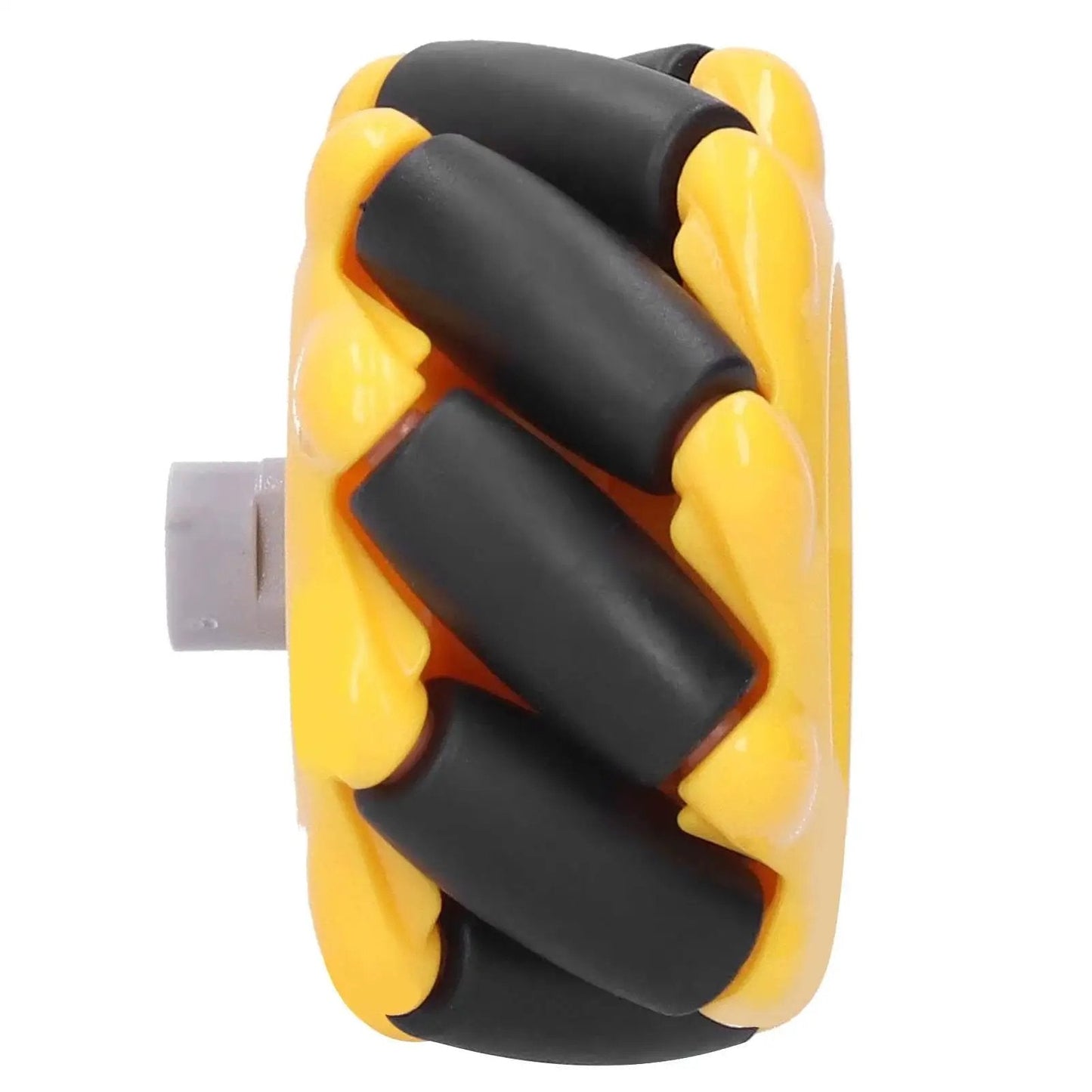Front view of a yellow and black Ultra Smooth Mecanum Wheel 48mm for Smart Robot Car Omni Directional Movement, ABS Rubber, TT Motor, DIY Robotics Kit by Fuchooky.