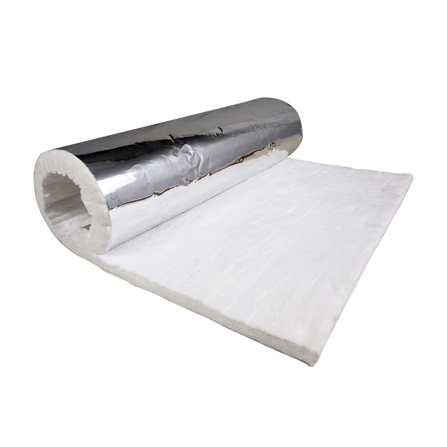 Ceramic Fiber Blanket With Aluminum Foil Facing For High Temp Insulation Half Inch Thick By 24 In By 36 In Rugged And Reliable Stove Furnace Forge Kiln Fireplace Welding Soldering HVAC Six Pound Density Up To Two Thousand Four Hundred Degrees Fahrenheit, roll view