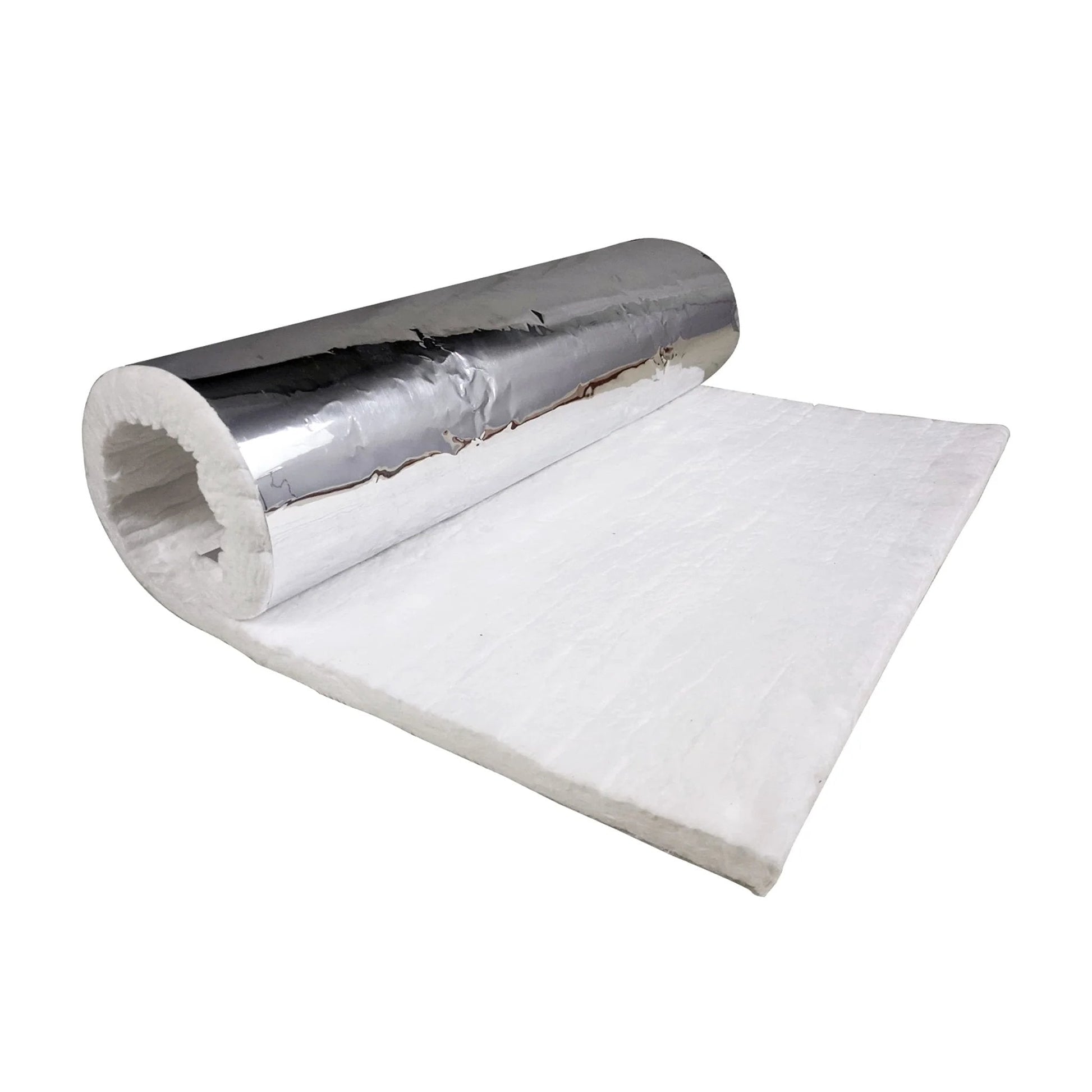 Ceramic Fiber Blanket With Aluminum Foil Facing For High Temp Insulation Half Inch Thick By 24 In By 36 In Rugged And Reliable Stove Furnace Forge Kiln Fireplace Welding Soldering HVAC Six Pound Density Up To Two Thousand Four Hundred Degrees Fahrenheit, roll view