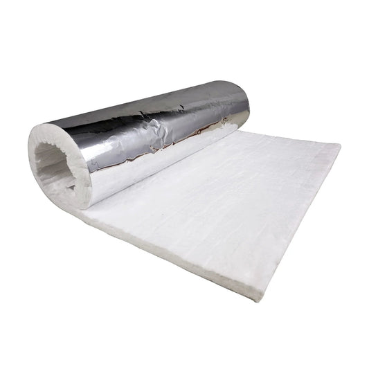 Ceramic Fiber Blanket With Aluminum Foil Facing For High Temp Insulation Half Inch Thick By 24 In By 36 In Rugged And Reliable Stove Furnace Forge Kiln Fireplace Welding Soldering HVAC Six Pound Density Up To Two Thousand Four Hundred Degrees Fahrenheit, roll view