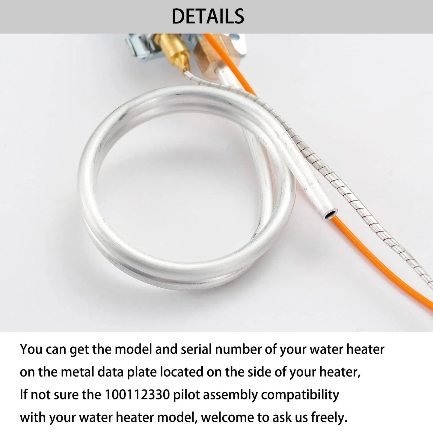 Close-up of Water Heater Pilot Assembly For Natural Gas Thermopile Replacement, compatible with major brands, coiled tubing visible.