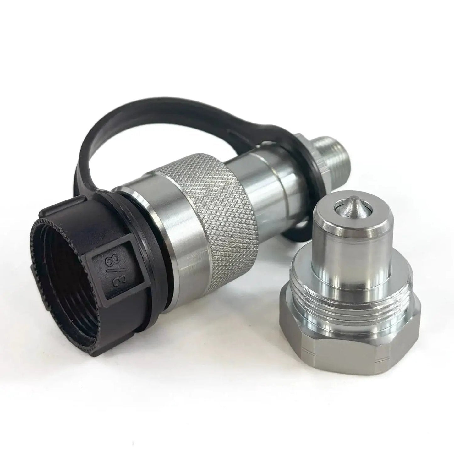Heavy Duty High Pressure Hydraulic Quick Coupler Set with Three Eighths Inch NPT Thread includes dust caps, poppet valve, ISO 14540.