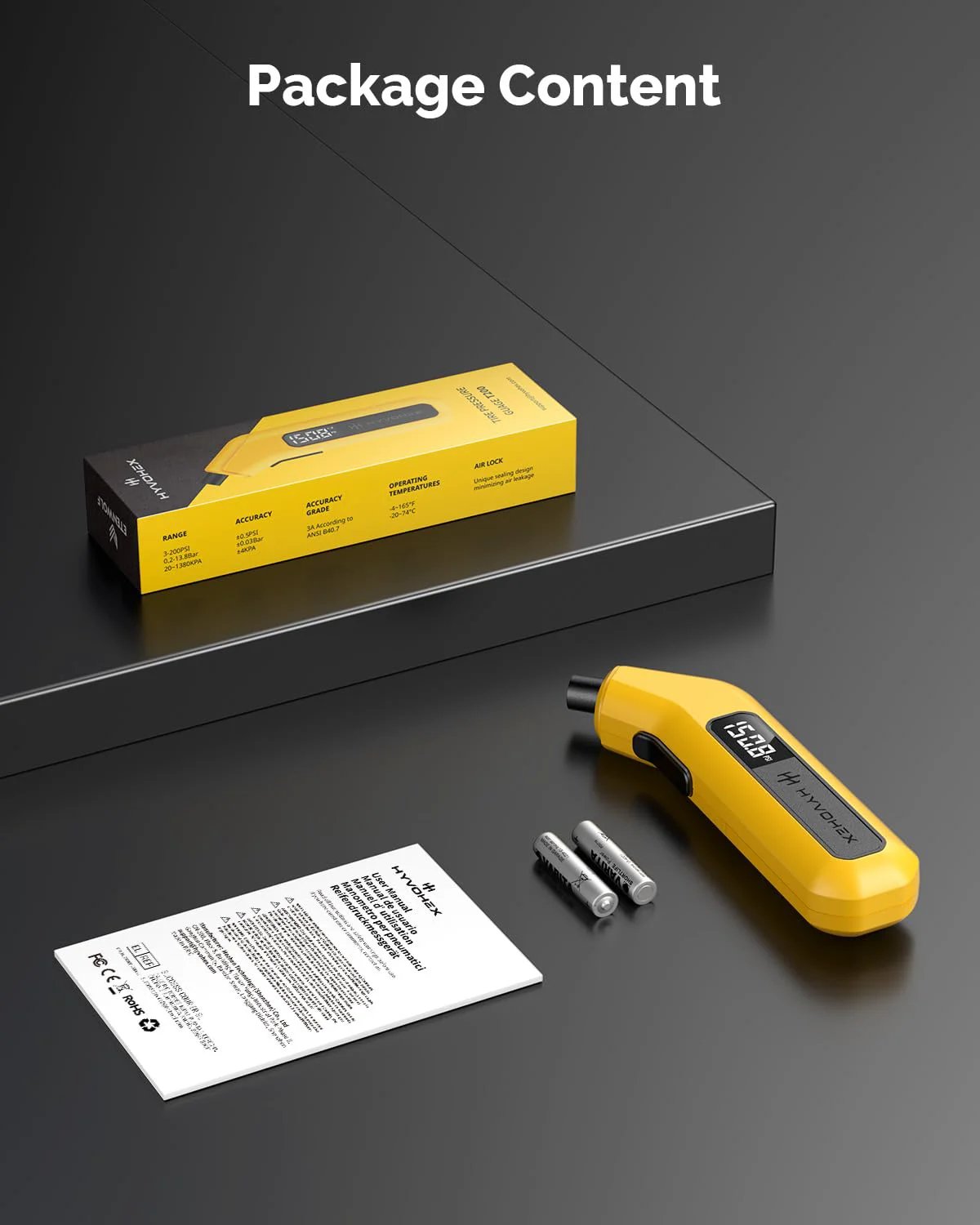Fast And Accurate Digital Tire Pressure Gauge With Backlit LED Display, 200 PSI, shown with box, AAA batteries, and manual