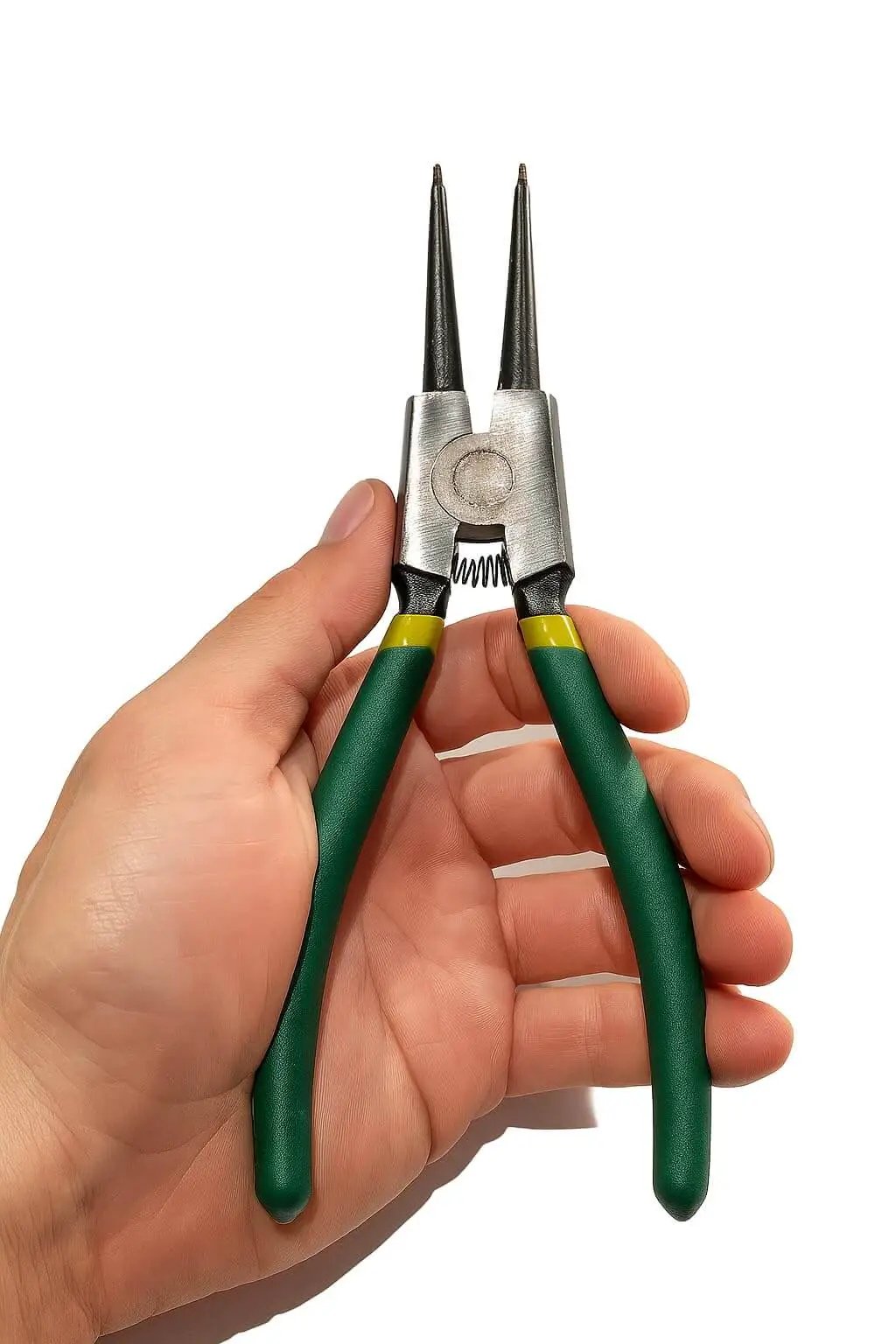 7 Inch Snap Ring Pliers Set 4 Piece Heavy Duty Retaining Ring Pliers Kit For Internal And External Circlips Straight And Bent Jaw Options Precision 7 Inch Pliers With Durable Storage Case shown in hand with green handles.