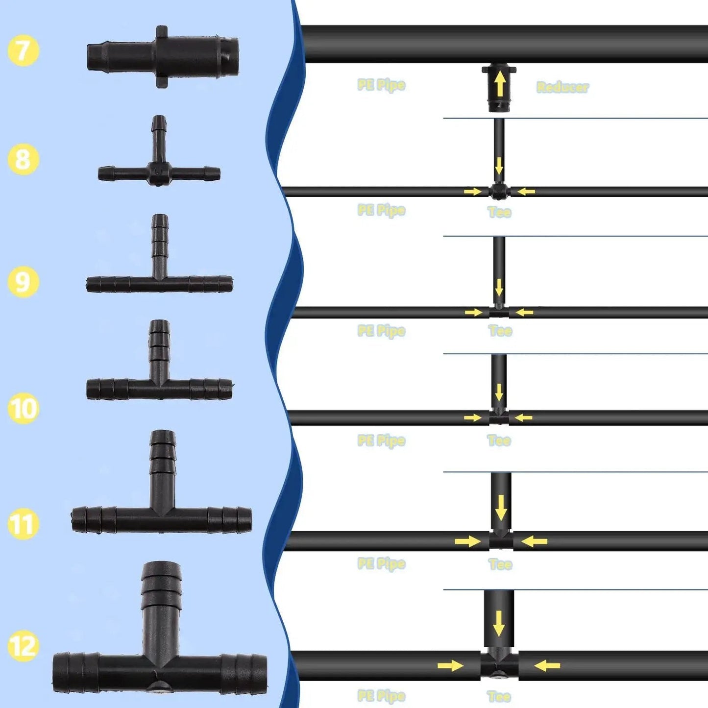113 Piece Vacuum Connector Set In 12 Sizes, Black Nylon Tubing Connectors For Automotive Hose And Tubing includes tees and reducers diagram