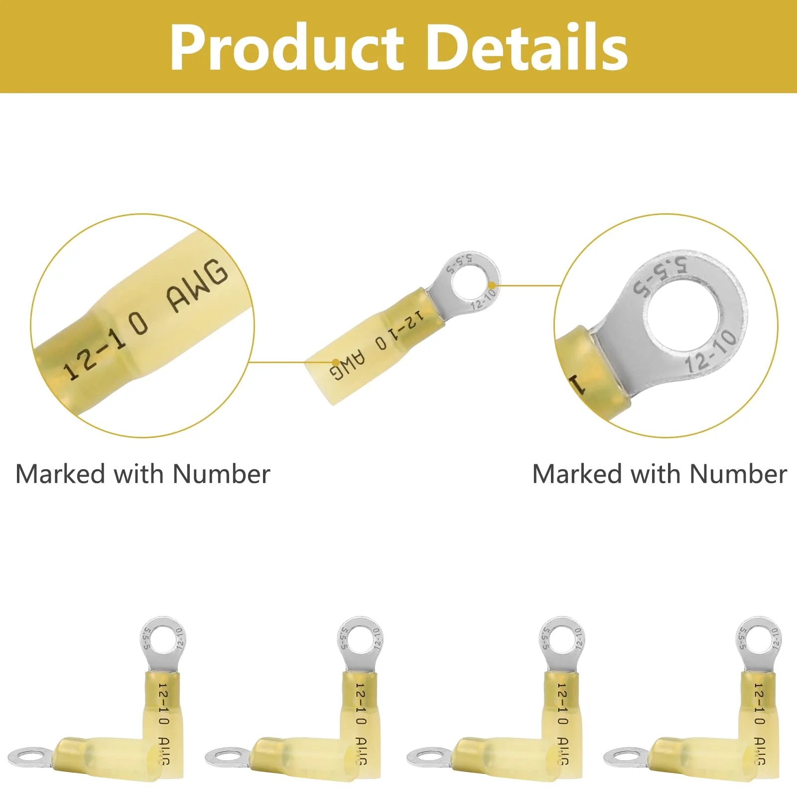 Heat Shrink Ring Terminals For 12 To 10 AWG Wire shown with yellow insulation and markings, durable for high-current use.