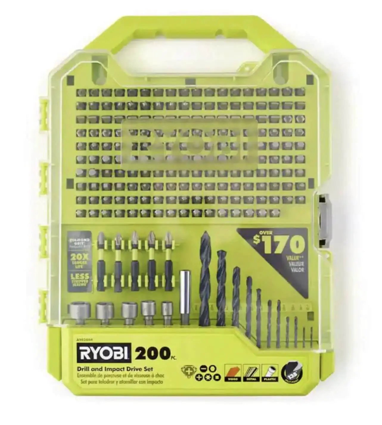 200 Piece Drill And Impact Drive Set Ryobi With Diamond Grit Bits For Longer Life And Stronger Grip Wide Range Of 1 Inch Drive Bits