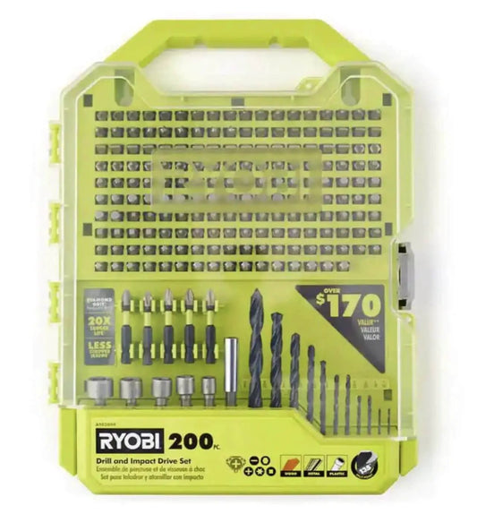 200 Piece Drill And Impact Drive Set Ryobi With Diamond Grit Bits For Longer Life And Stronger Grip Wide Range Of 1 Inch Drive Bits