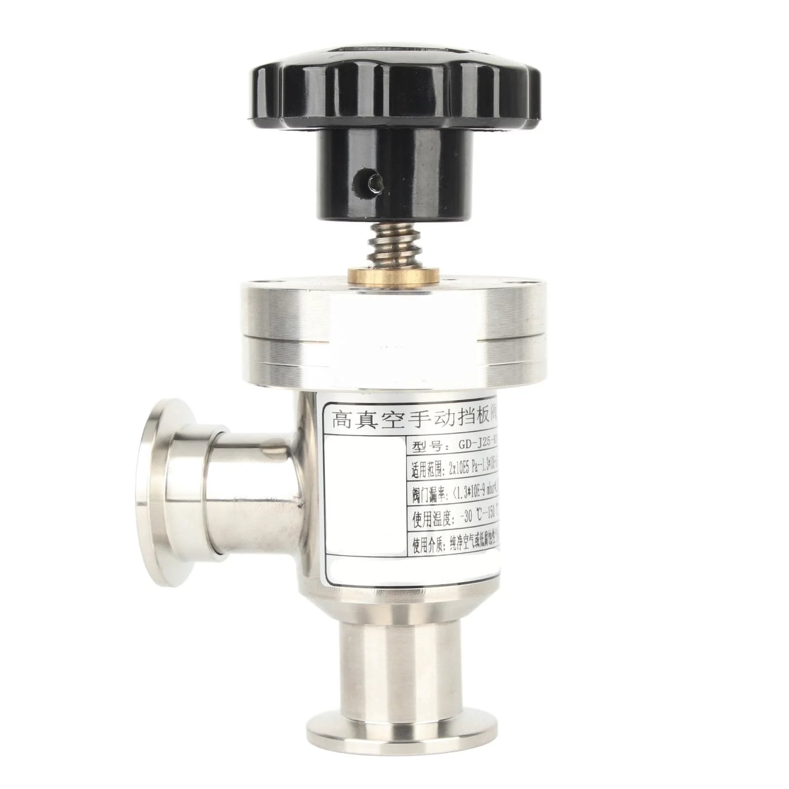 KF25 High Vacuum Manual Right Angle Bellows Isolation Valve in 304 stainless steel, side view with black handle and labeled body