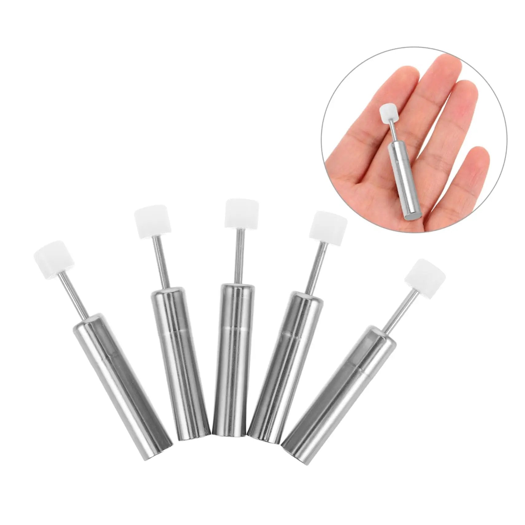 Five-piece Hydraulic Silent Close Buffer Kit for Cabinet Doors showing size comparison on hand.