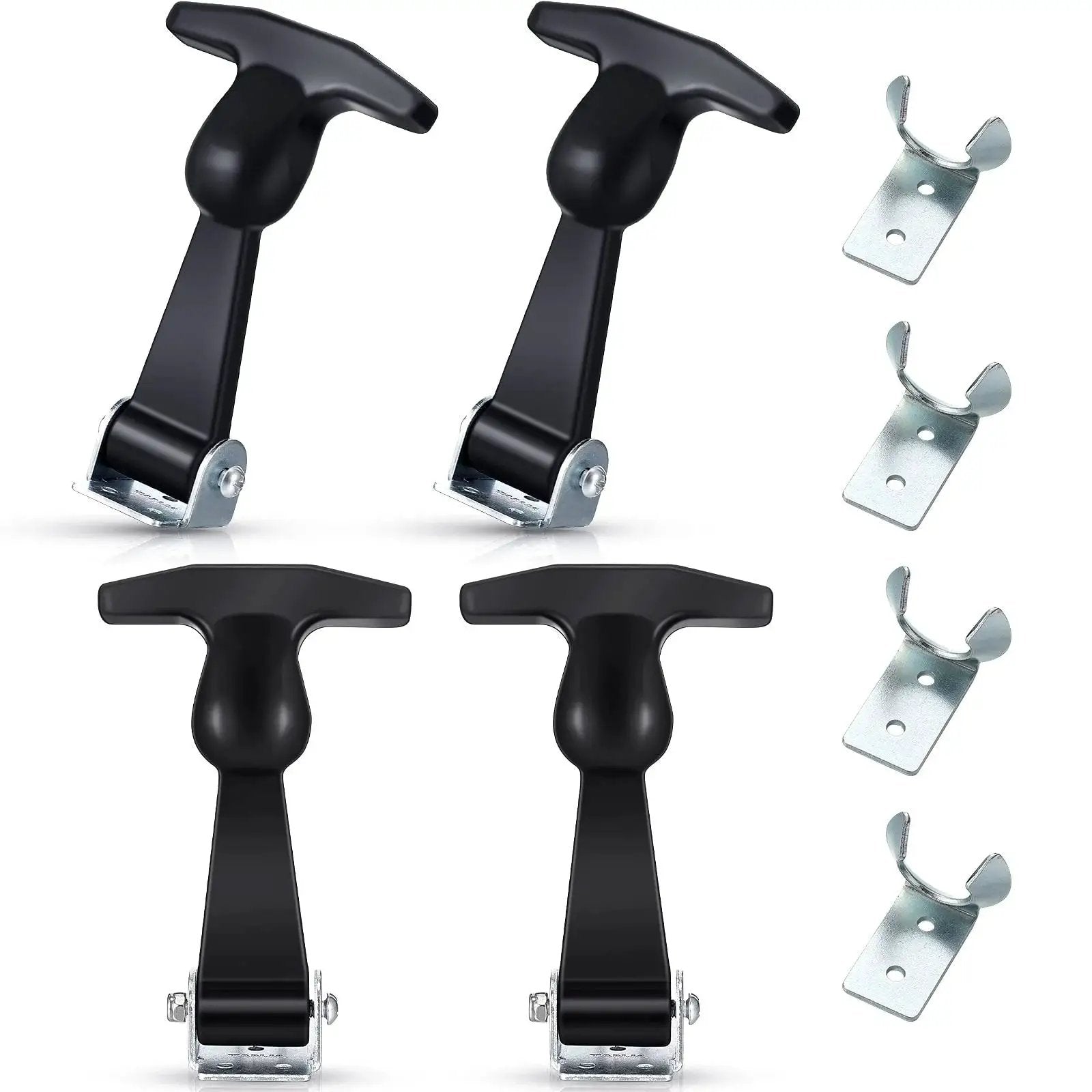Elastic Rubber Hood Latch Set With Stainless Brackets And T Handle, four 4.9-inch rubber latches and stainless steel brackets