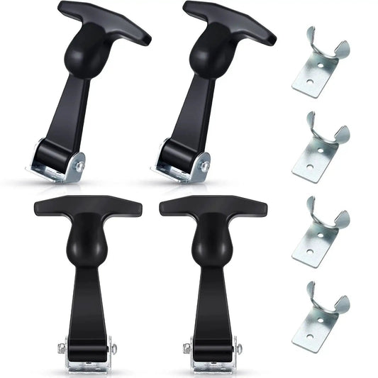 Elastic Rubber Hood Latch Set With Stainless Brackets And T Handle, four 4.9-inch rubber latches and stainless steel brackets