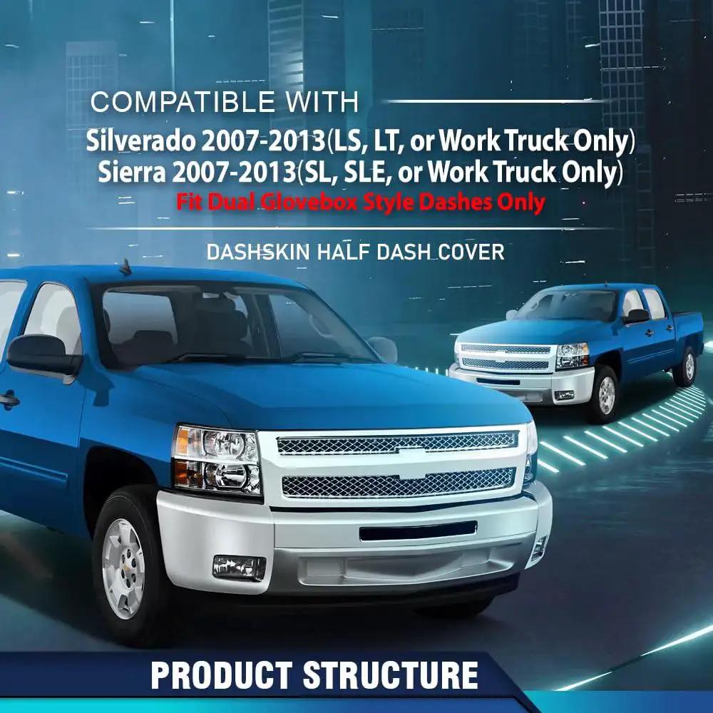 Two Chevy Silverado trucks showcasing TPE Dash Cover for Chevy Silverado and GMC Sierra 2007 to 2013 Glovebox Bezel compatibility
