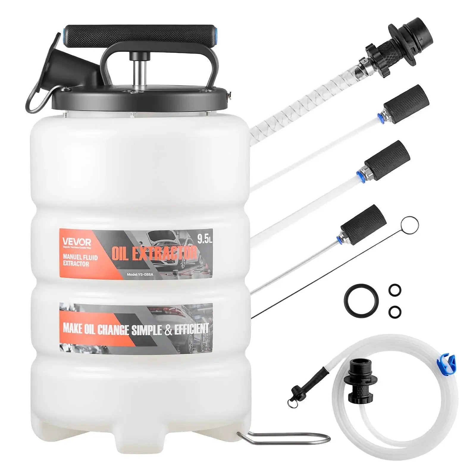 9.5 L Manual Oil Change Fluid Extractor Pump with long hose and extension tubes displayed with accessories.