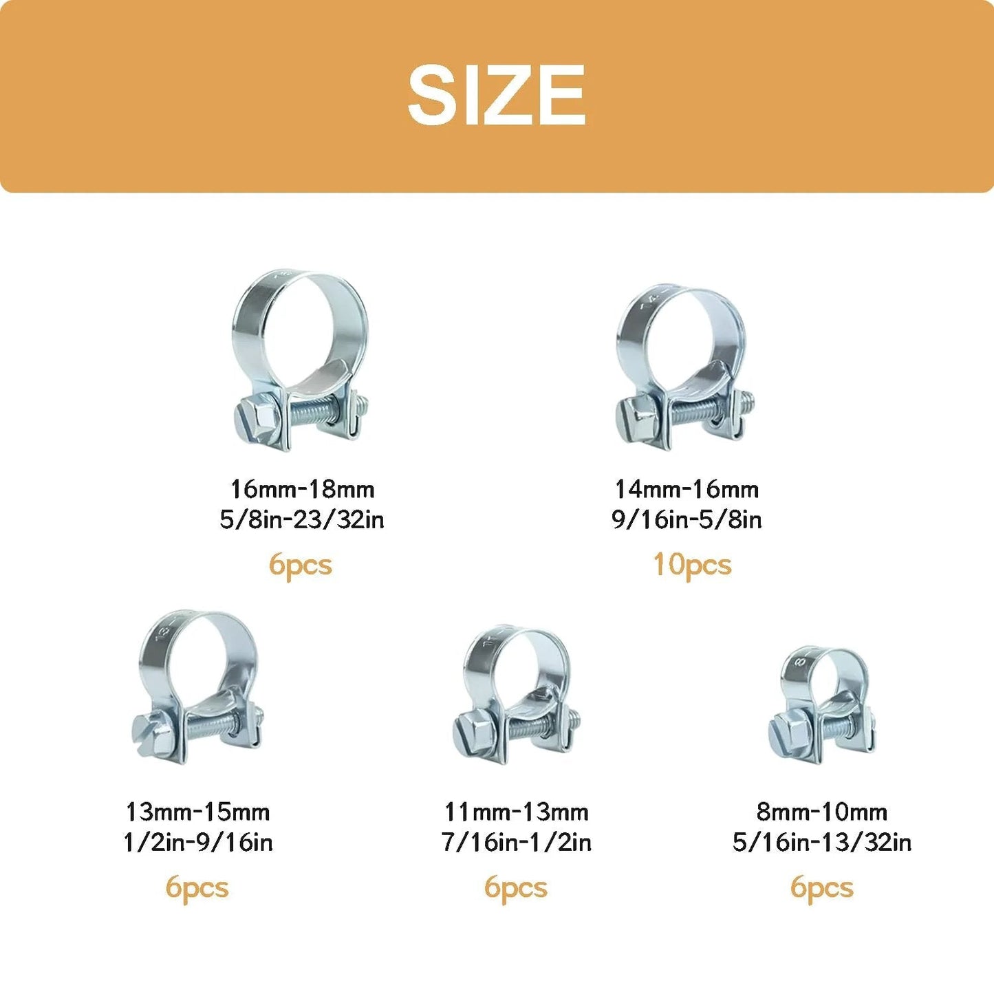 34 Piece Fuel Injection Hose Clamp Kit For Auto Diesel Petrol Engines DIY Friendly Range Eight To Eighteen Millimeter Zinc Plated Rust Resistant Hose Clamp Set showing various sizes from 8mm to 18mm.