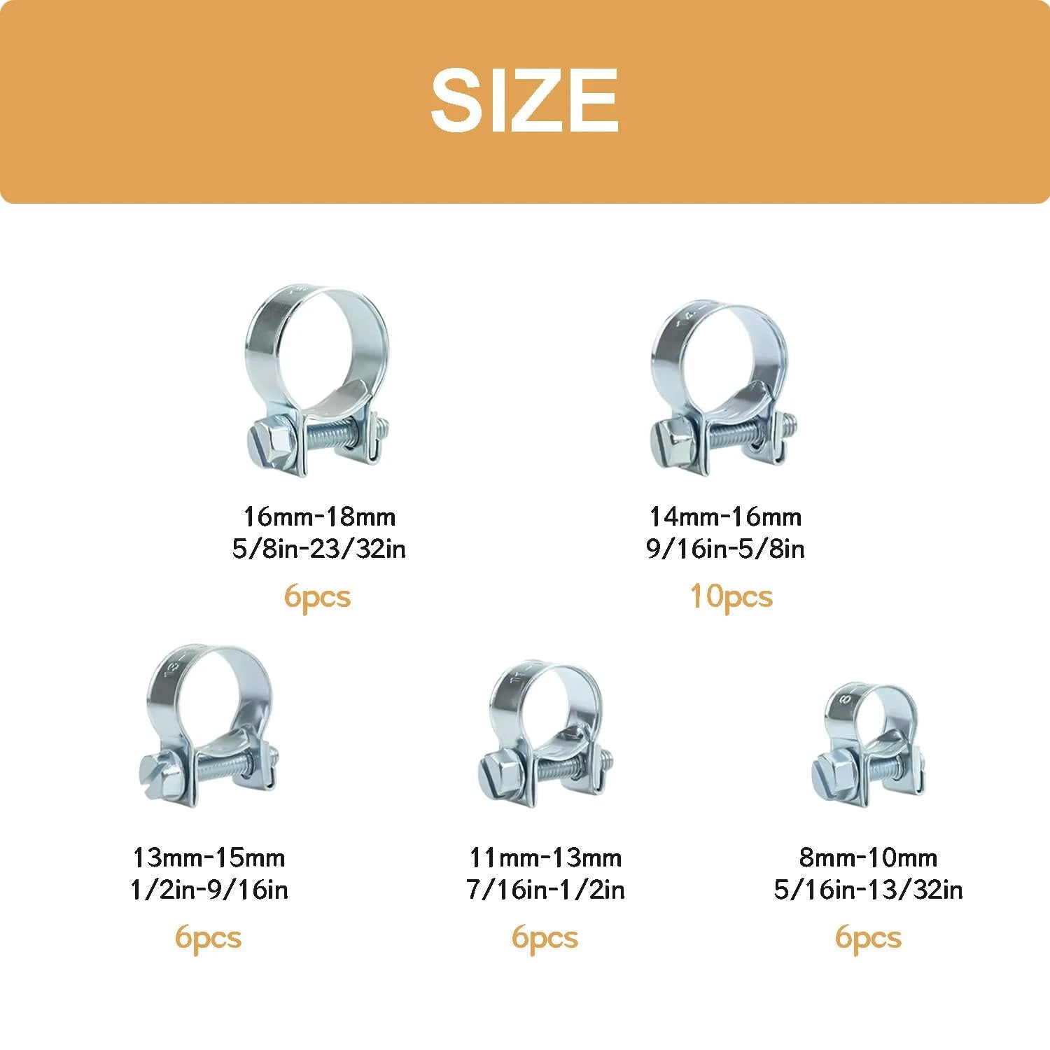 34 Piece Fuel Injection Hose Clamp Kit For Auto Diesel Petrol Engines DIY Friendly Range Eight To Eighteen Millimeter Zinc Plated Rust Resistant Hose Clamp Set showing various sizes from 8mm to 18mm.