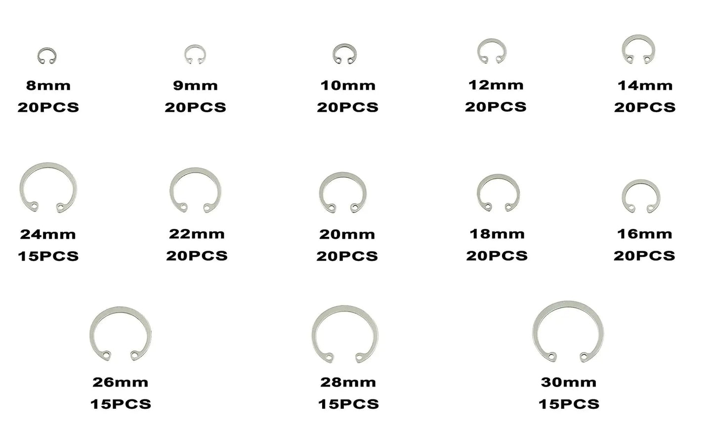 Internal Snap Ring Kit 8mm To 30mm Assortment 240 Pieces C Clips Retaining Rings For Holes 13 Sizes Metric 304 Stainless Steel Circlips
