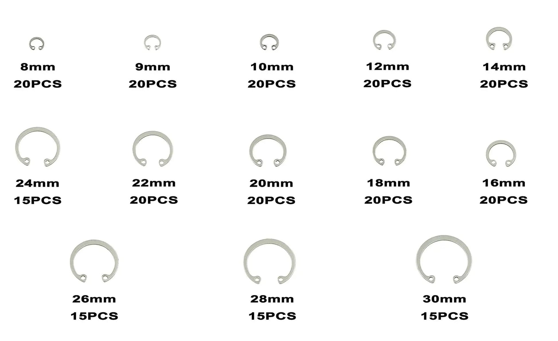 Internal Snap Ring Kit 8mm To 30mm Assortment 240 Pieces C Clips Retaining Rings For Holes 13 Sizes Metric 304 Stainless Steel Circlips
