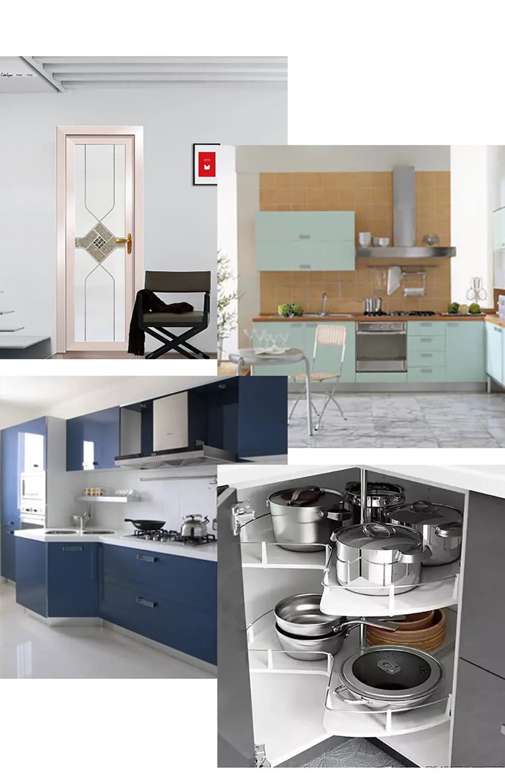 Modern kitchen and wardrobe designs showcasing frameless cabinet hinges with hidden hydraulic soft close, adjustable mount.