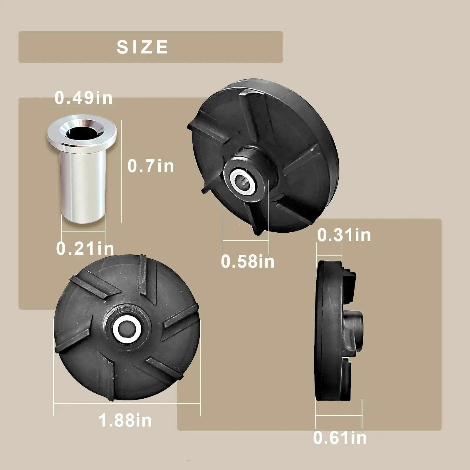 Direct Replacement Magnetic Impeller Kit With Bearing Sleeve dimensions for beverage dispensers, shown in various views.