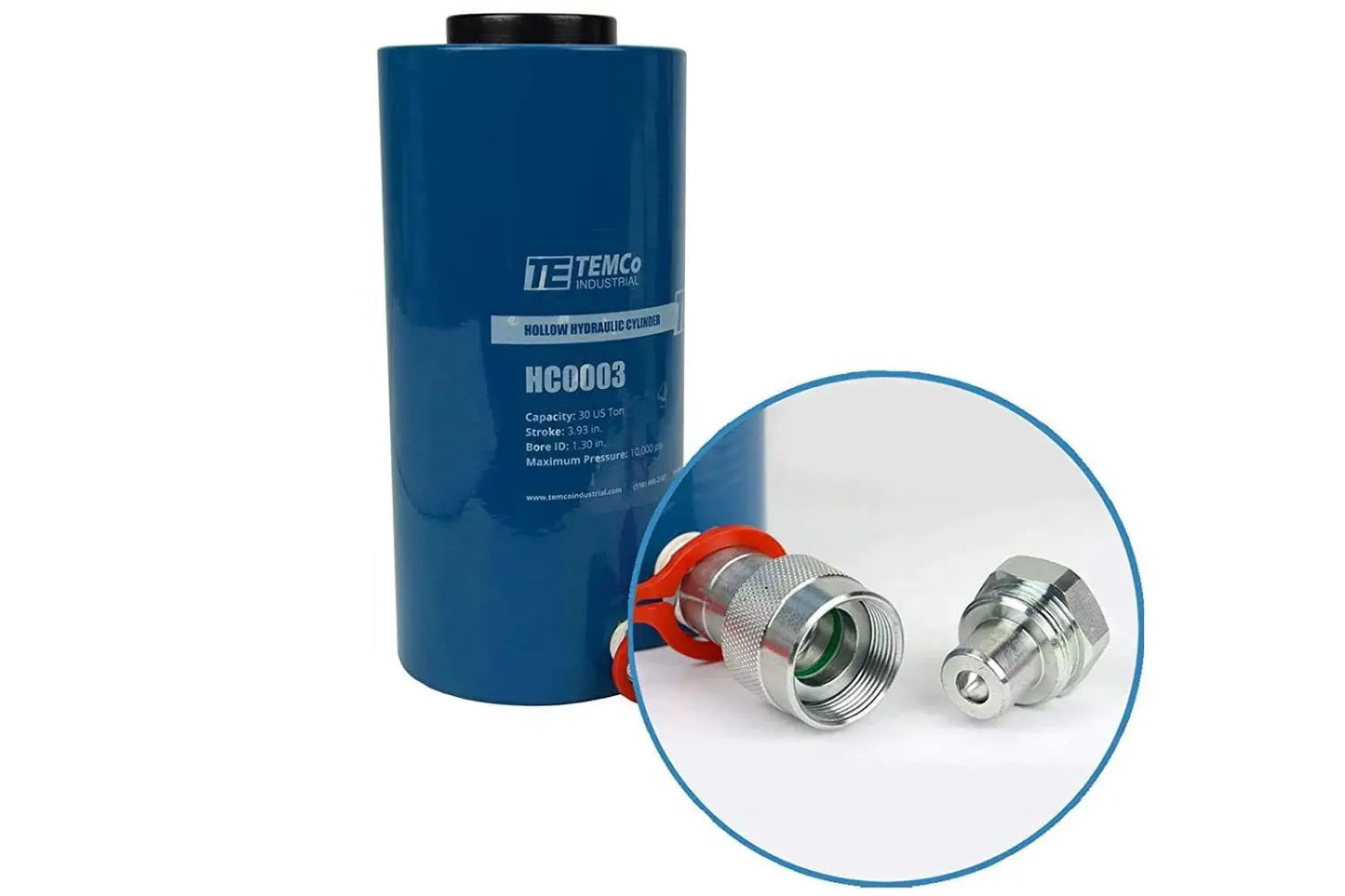 Hollow Hydraulic Cylinder Ram 30 Ton, 4 Inch Stroke, 10000 PSI, Quick Coupler with blue finish and ISO 14540 connector.