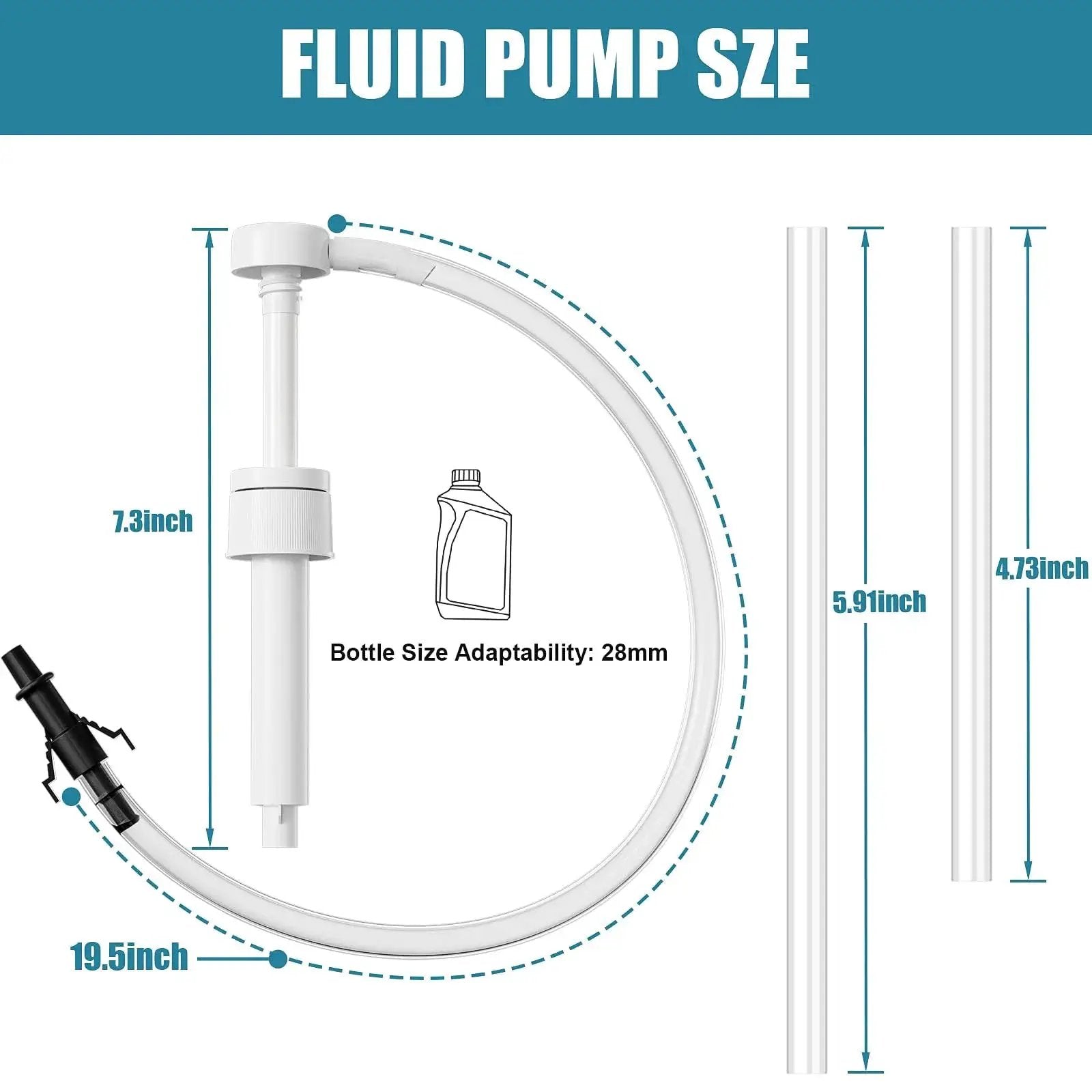 Diagram showing dimensions of the Transmission Fluid Pump For Quart Bottles With 8cc Per Stroke And 28mm Cap, with 19.5-inch length tube.