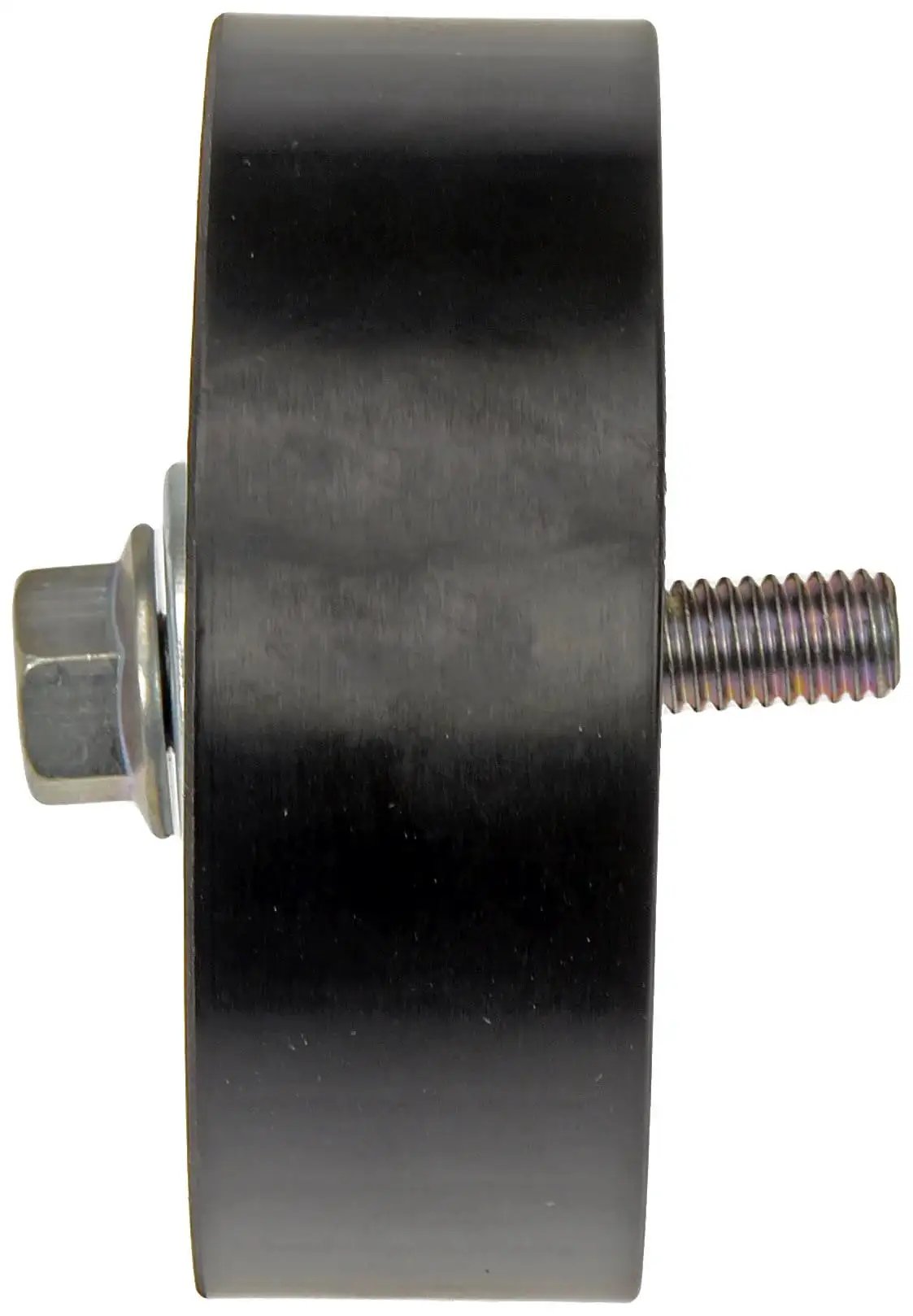 Side view of Direct Fit Accessory Drive Belt Idler Pulley For Ford And Lincoln Replaces Worn Squeaky Groaning Pulleys Restores Proper Tension Power And Quiet Operation OE Style Fit For Select Models Dorman 419 476, black metal construction