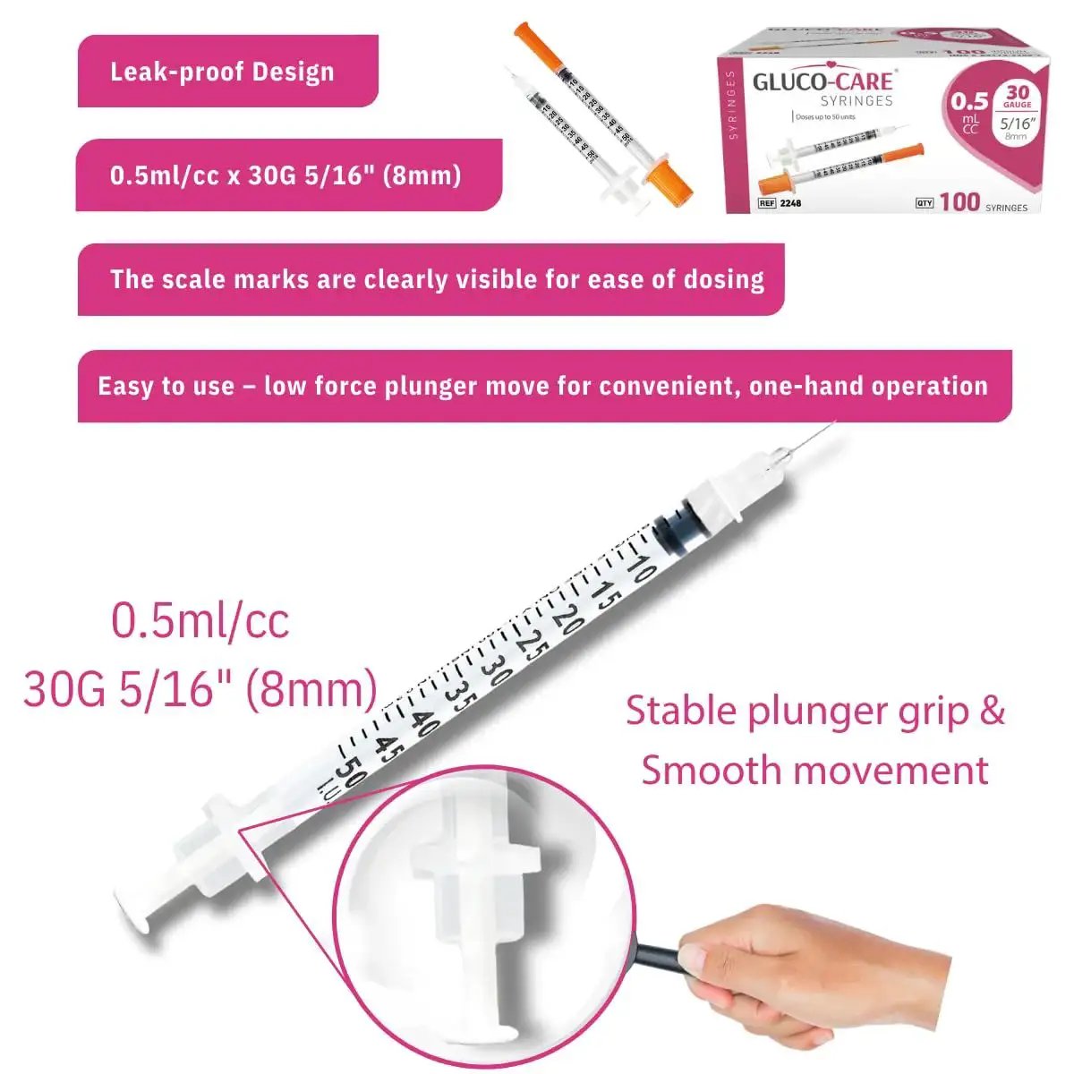 0.5ml Syringes 30G 5/16 Inch 8mm Leak-Proof With Clear Dosage Scale, 100 Pack; visible clear scale and plunger details.