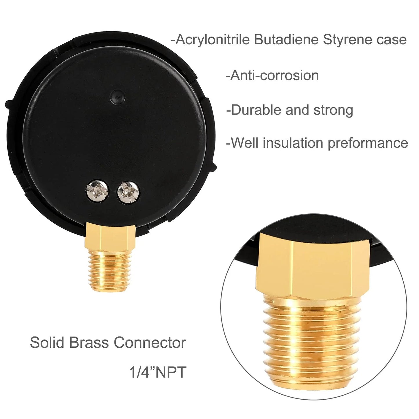 Pool Filter Pressure Gauge 60 PSI One Quarter Inch NPT Bottom Mount Pro Grade Replacement, close-up of connector and case