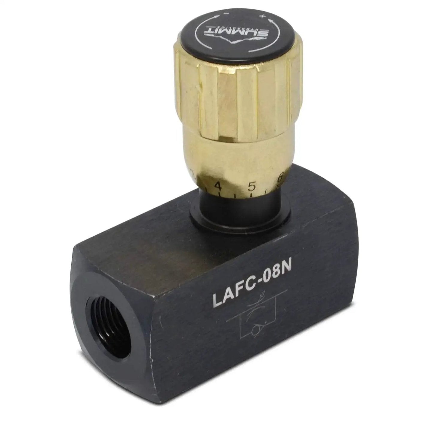 Hydraulic In-Line Adjustable Variable Flow Control Valve With Free Rev Flow, 1/2 in NPT, 5000 PSI Max, brass and black design