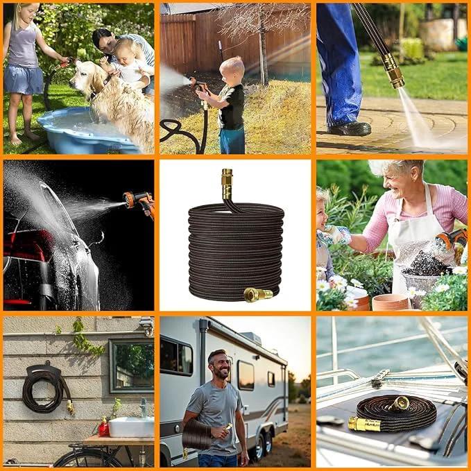 25ft Lightweight Flexible Garden Hose Non Kink With Solid Brass Fittings used in various settings, including gardens, RVs, and boats.