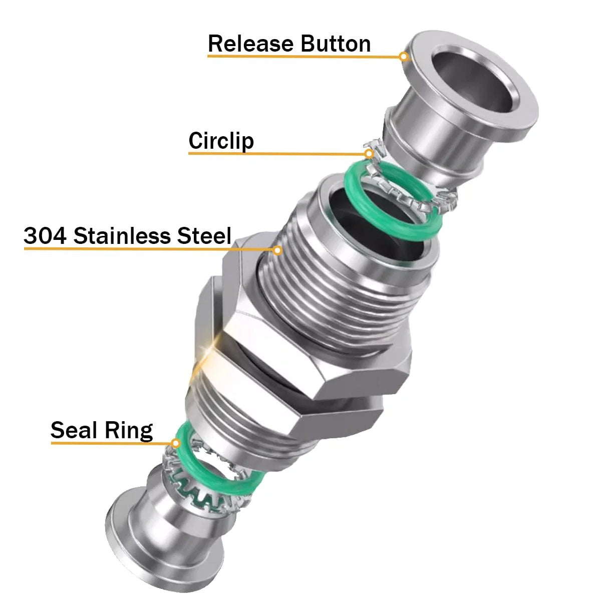 Bulkhead Union Push To Connect Pneumatic Fitting 3/8 Inch Tube OD, 304 Stainless Steel with labeled parts