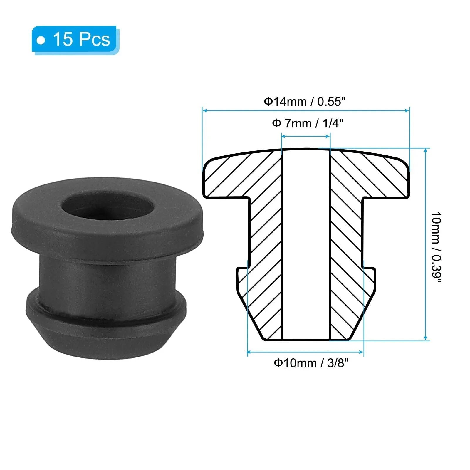 Diagram of Ten Millimeter Drill Hole Top Hat Rubber Grommets Three Eighths Inch Outer Diameter One Quarter Inch Inner Diameter Silicone Black