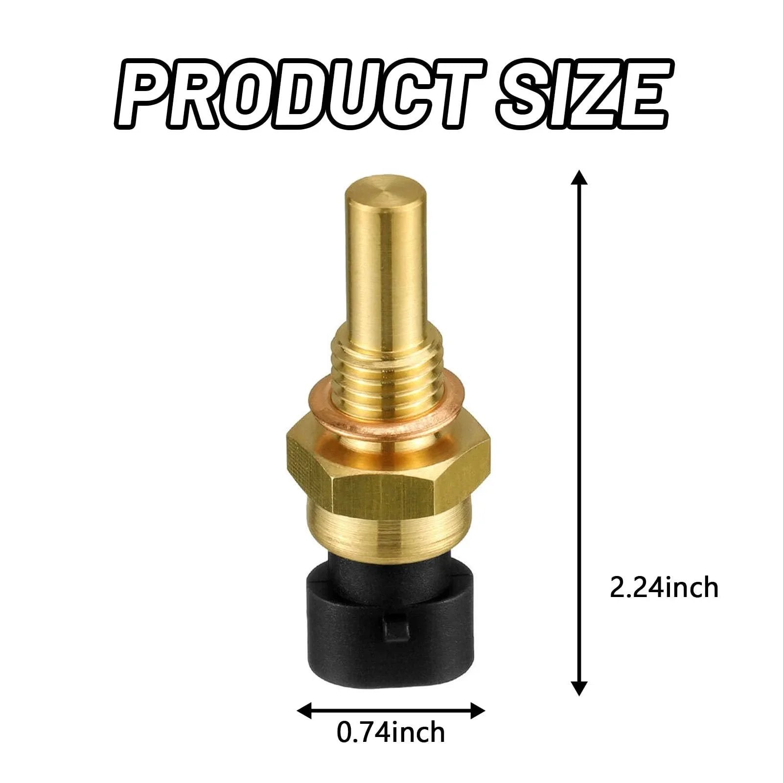 Engine Coolant Temperature Sensor For Chevy GMC Cadillac Buick ECT Temperature Sensor Replacement OEM Parts 12608814 15404280 12191170 60811520 Gold Finish High Quality Brass Sensor shown with size dimensions of 2.24 inches height and 0.74 inches width