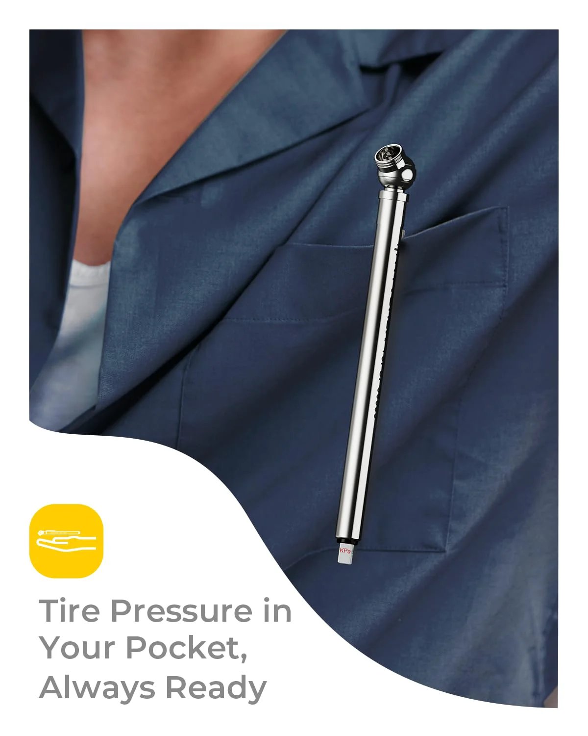 Two Pack Pencil Tire Pressure Gauge With Valve Caps, Stainless Steel Body, Deflator Valve, And Metal Nozzle in pocket