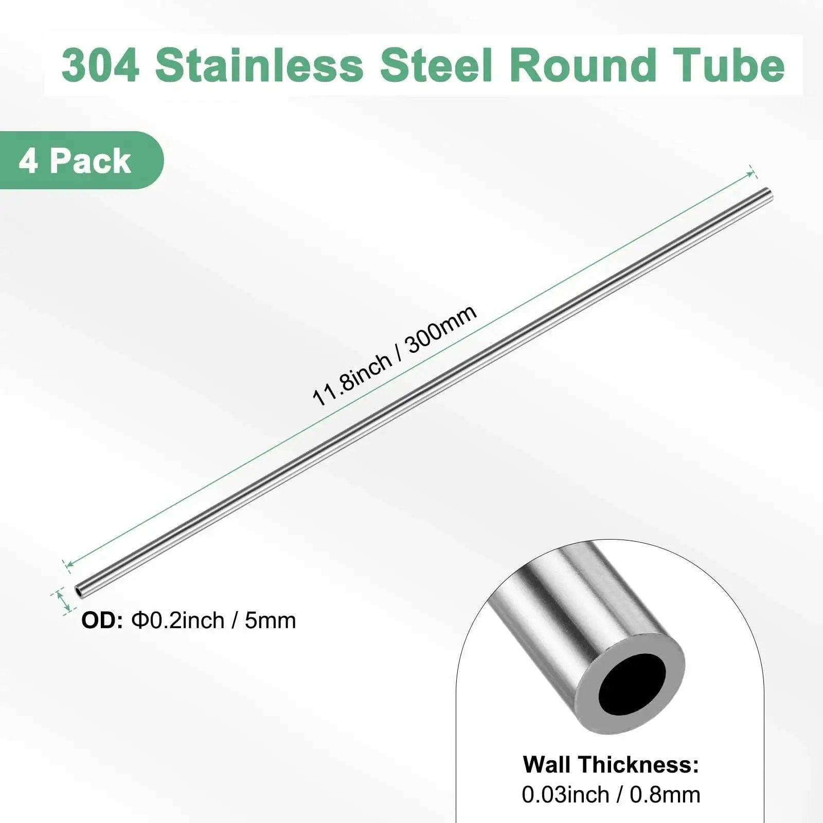 304 Stainless Steel Tube 4 Pack 300mm Seamless Pipe 5mm OD 0.8mm Wall Diagram