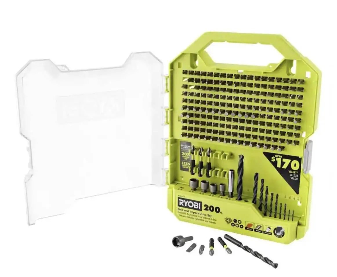 200 Piece Drill And Impact Drive Set Ryobi With Diamond Grit Bits For Longer Life And Stronger Grip Wide Range Of 1 Inch Drive Bits For Home DIY Projects And Tool Upgrades in open case showing contents.