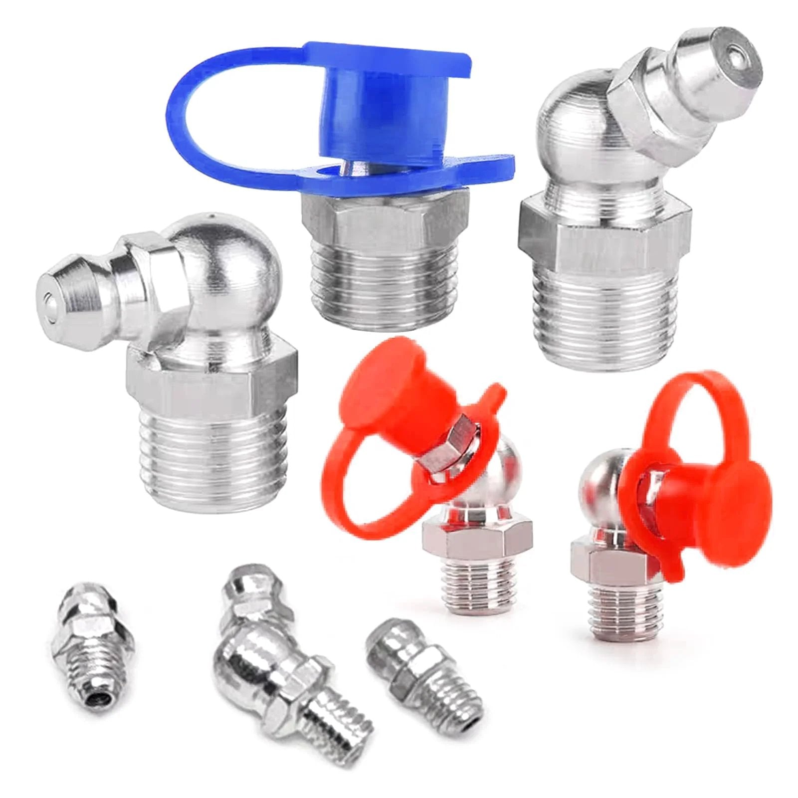 Grease Fitting Replacement Kit SAE And Metric With One Quarter Inch And One Eighth Inch Straight And 45 Degree And 90 Degree Zerks Hydraulic Fittings With Plastic Cap Covers