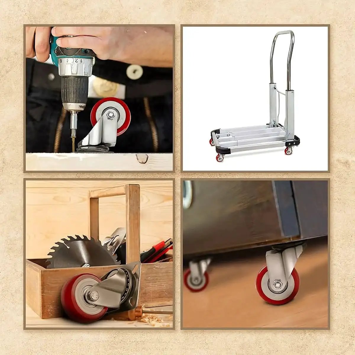 Collage of 8 Pack Swivel Plate Casters With Red Polyurethane Wheels 2 Inch Diameter Plate 50mm used with tools and furniture
