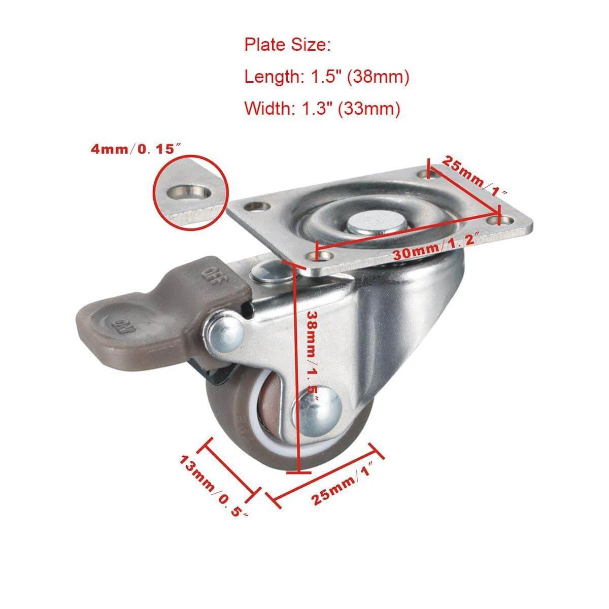 4 Pack 1" Low Profile Swivel Caster Wheels - Soft Rubber with 360° Top Plate, 100 lb Total Capacity (2 with Brakes & 2 Without) seen from side with measurements.