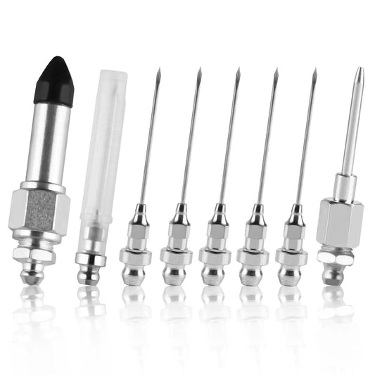Grease Gun Needle Accessory Set Eight Pieces Including Six Injector Needles One Needle Dispenser And One Nipple Adapter For Sealed Joints 18 Gauge Durable Metal Construction Built For Pros And DIY Bearing Grease And Tight Tolerances
