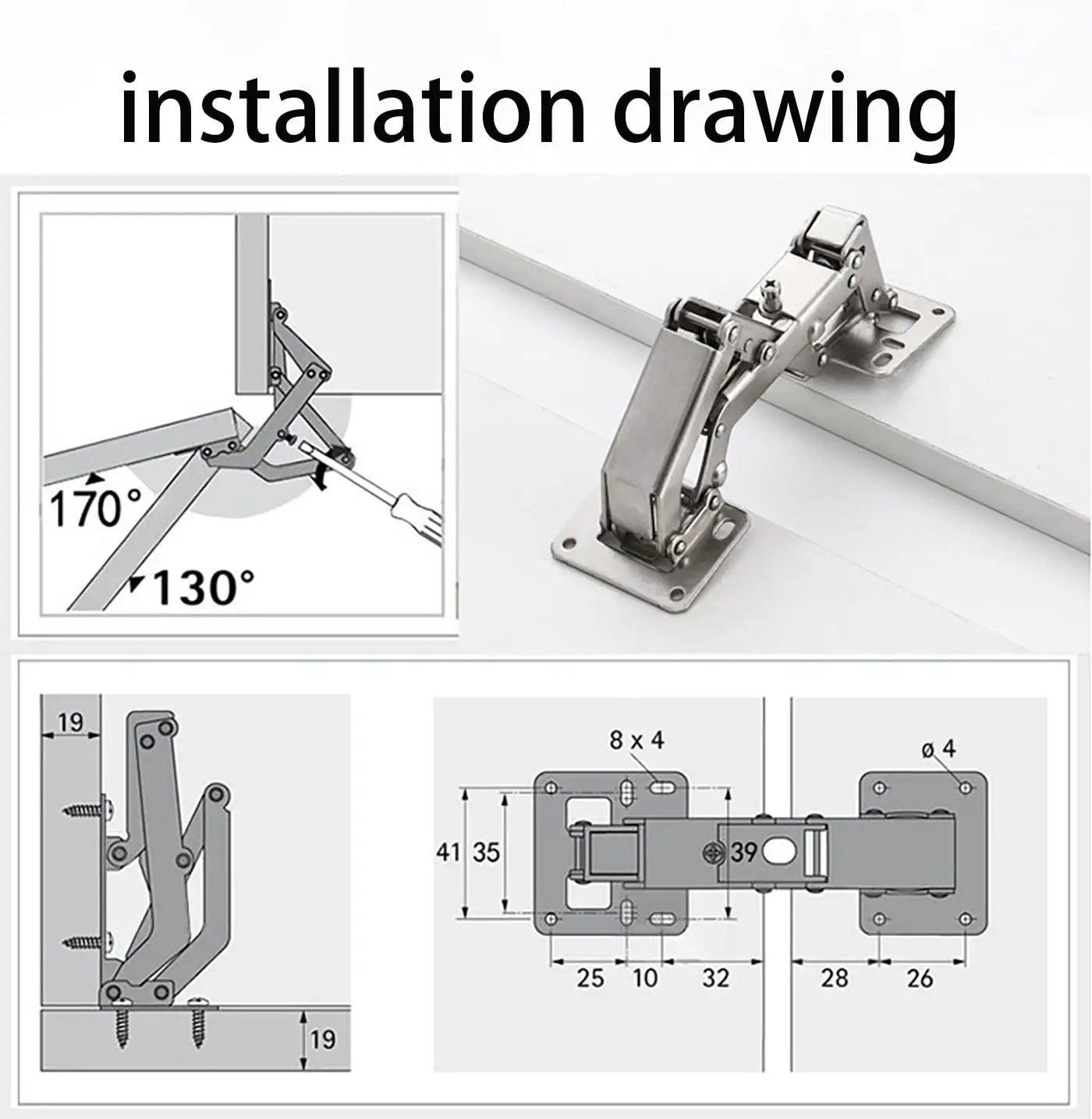 Installation diagram of 4 Pack 170 Degree Hidden Cabinet Hinges For Frameless Cabinet Doors Heavy Duty Hydraulic Adjustable Soft Close