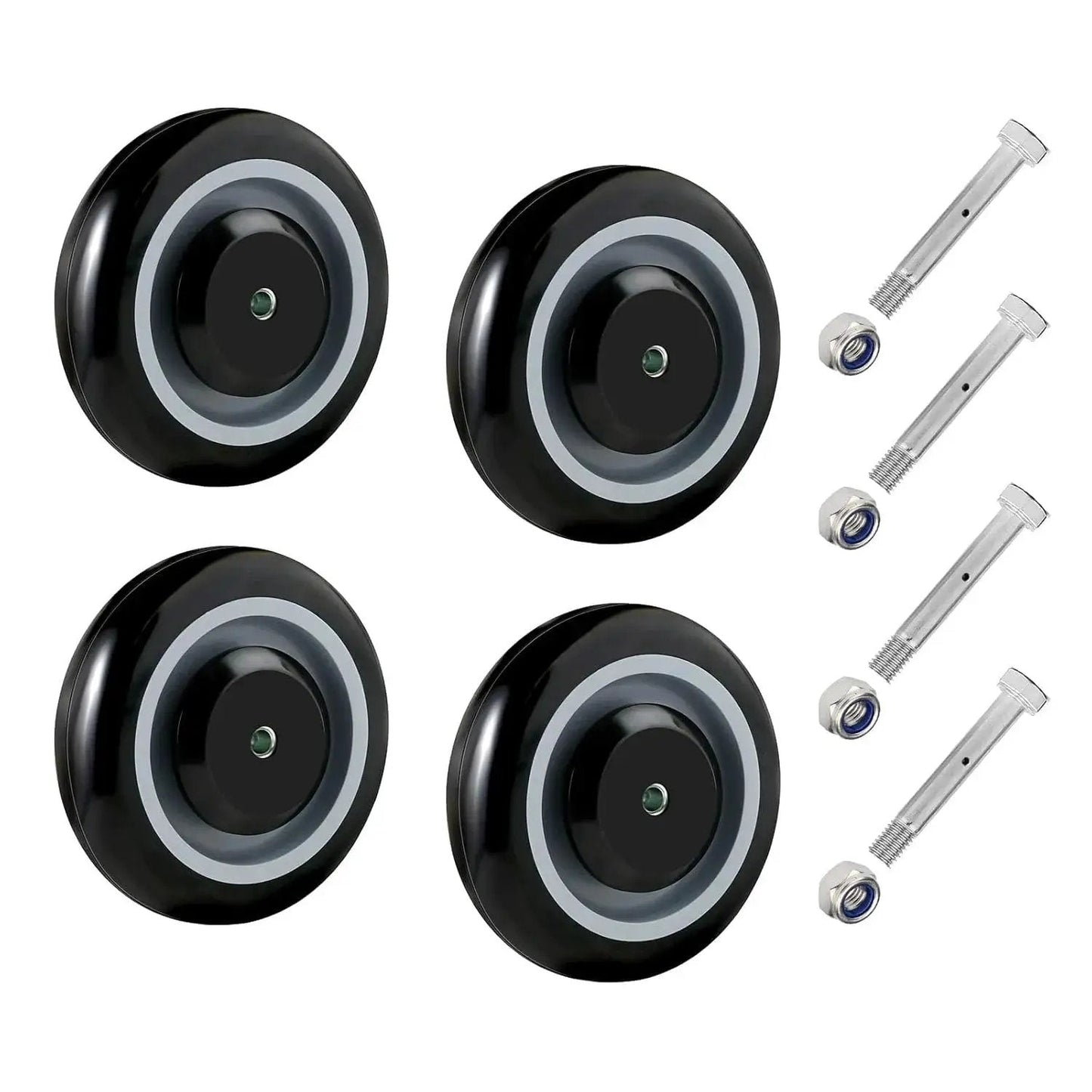 5 Inch Shopping Cart Wheels Replacement Set With Five Sixteenth Inch Axle Polyurethane Casters 1400 Lbs Total Capacity Abrasion Resistant Silent Shock Absorber For Smooth Quiet Rolling And Extended Wheel Life, includes four wheels and axles.