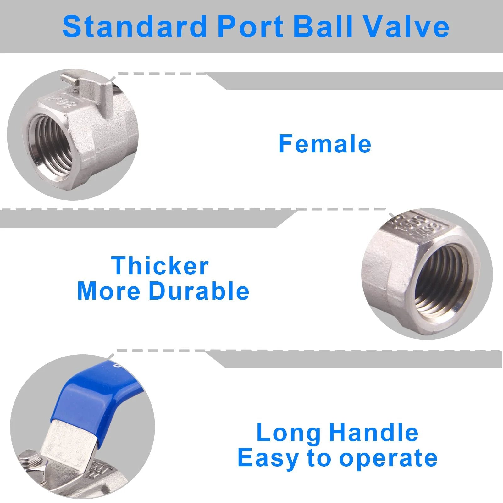 Stainless Steel Ball Valve 1Pc Type 0.25 Inch NPT Standard Port For Water Oil And Gas Pack Of 2, features and blue handle shown