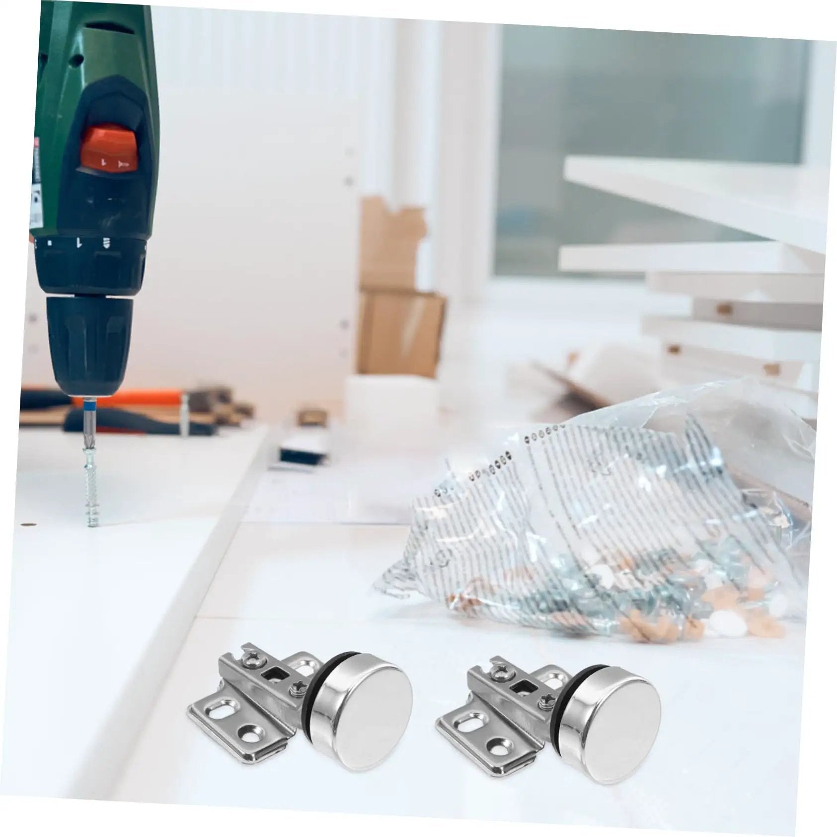 Two Pack Soft Close Cabinet Hinges With Hydraulic Damping For Frameless Cabinets on white table with drill setup