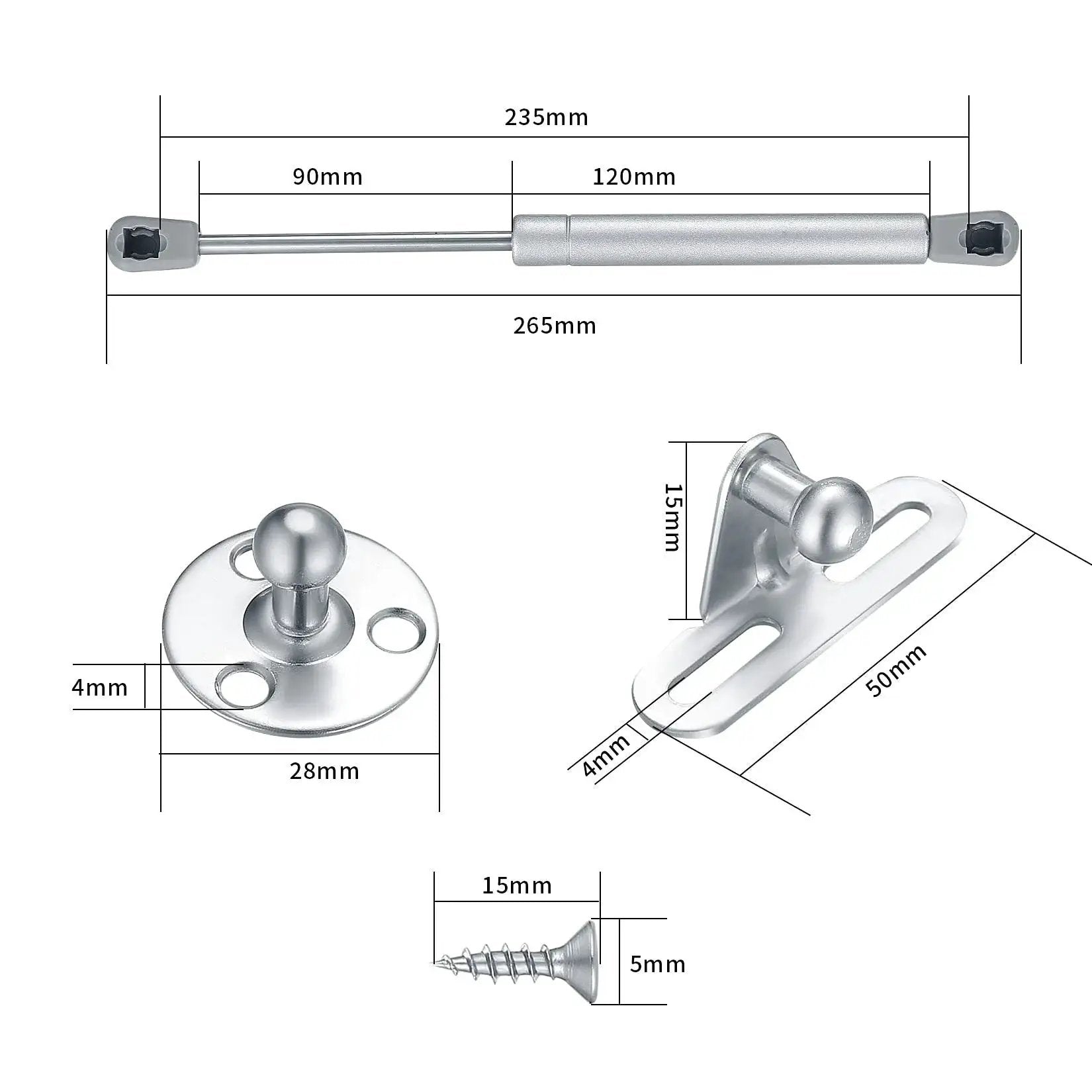 Dimensions overview of Two Pack Gas Springs Set For Cabinet Doors With 100N Lift Supports 22.5 Lb Soft Close Hinges Hydraulic Gas Struts