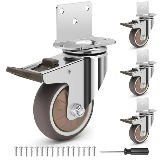 Side Mount 3 Inch Caster Wheels Set Of 4 With Locking Brakes Silent Rubber Non Marking Plate Swivel Casters For Furniture
