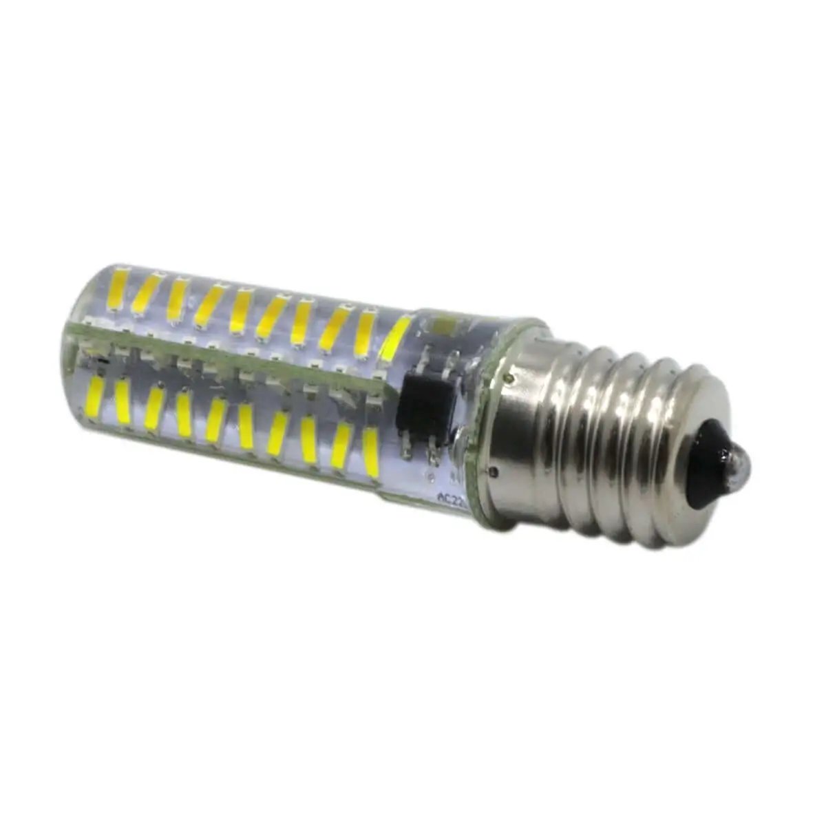 Close-up of an LED corn light bulb with E14 screw base, displaying multiple yellow LED chips for energy-efficient lighting solutions.