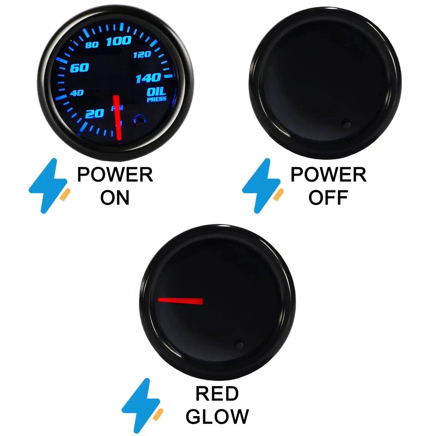 Oil Pressure Gauge Kit For Cars And Trucks 0 To 140 PSI 52 Millimeter Dial Seven Color Glow Display Power On Off Red Glow